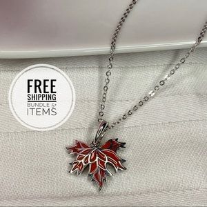 Sterling Silver Orange Autumn Maple Leaf Pendant Necklace with Chain